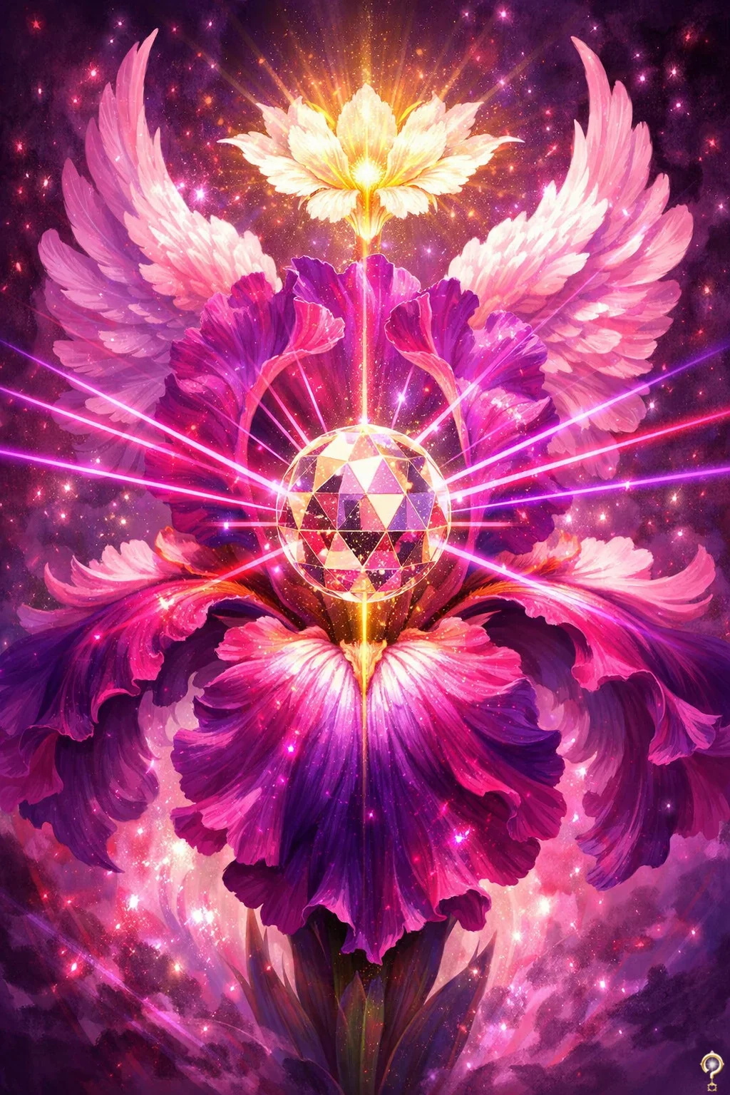 A surreal digital artwork featuring a glowing pink and purple flower with large petals, cosmic background, a geometric sphere at the center, and radiant light beams emanating from the sphere, an image of Jef's wife's energy.