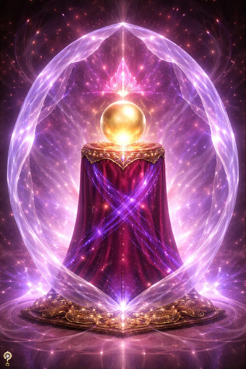 Golden orb energy portrait with crystal and cosmic light, AI-generated artwork from a Spiritual Escape Artist Energy Snapshot