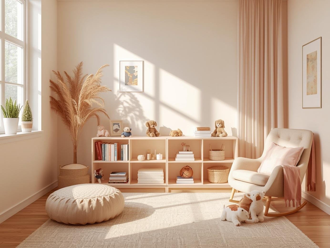Soft, warm therapy office with subtle playful elements like books or gentle textures, blush and neutral tones, natural light, cozy but minimal, child-friendly without being bright or overstimulating, editorial interior photography, no peopl.jpg