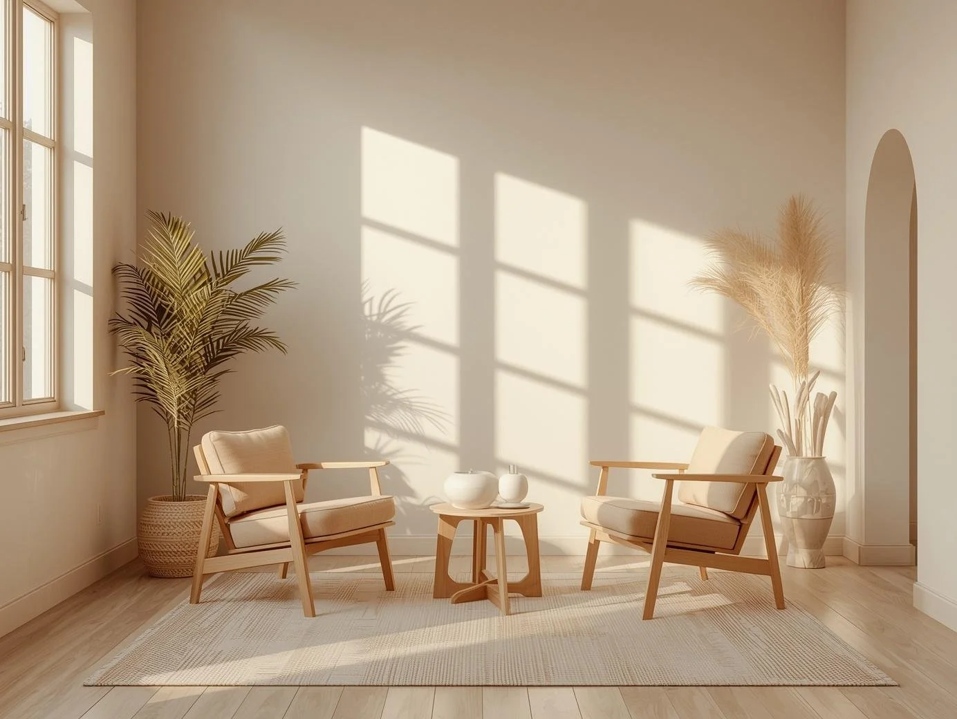 Neutral therapy office seating arrangement with two or three chairs facing each other, light wood furniture, soft  blush and cream tones, warm natural light, minimal and intentional styling, calm and relational, editorial interior photograp.jpg