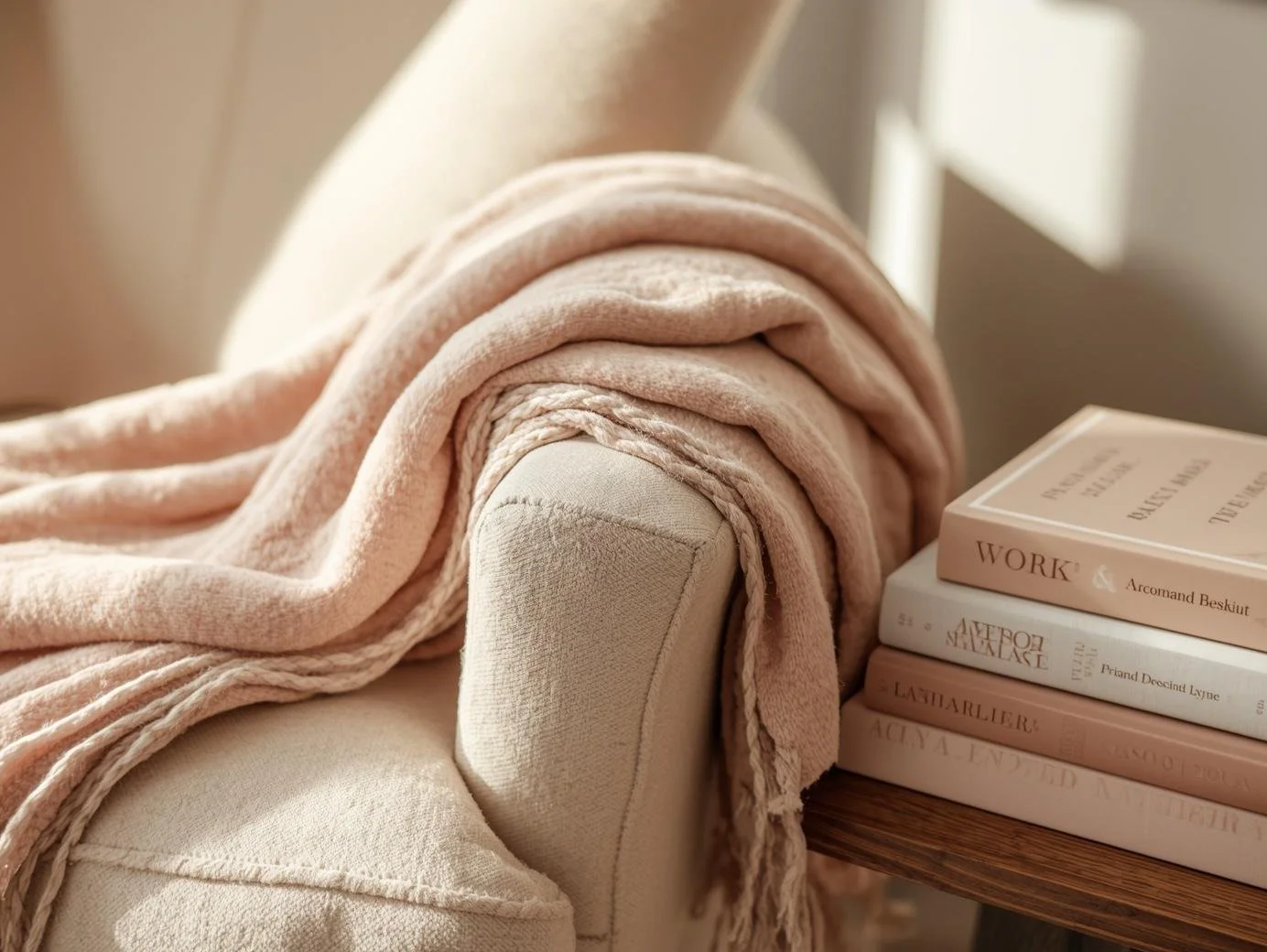 Cozy therapy office detail with chair, folded throw blanket, books, soft blush and neutral tones, warm natural light, calm and supportive atmosphere, minimal styling, editorial interior photography, no people.jpg