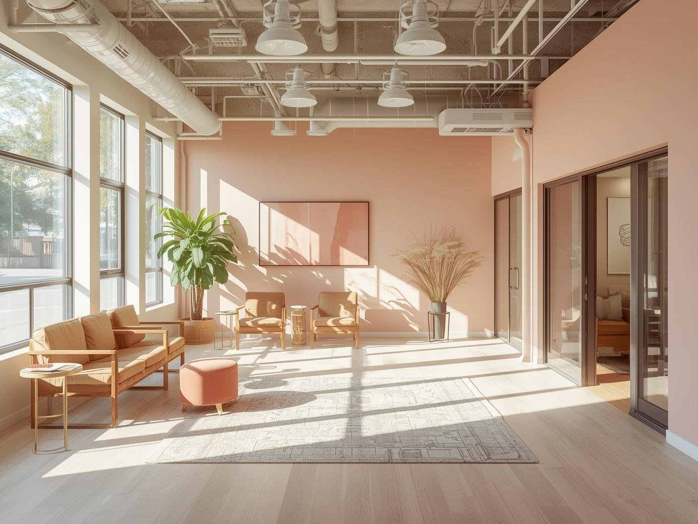 Accessible, calming therapy office space with wide open layout, soft blush and sage tones, natural light, minimal furniture with clear spacing, thoughtful and inclusive design, warm and welcoming, editorial interior photography, no people.jpg