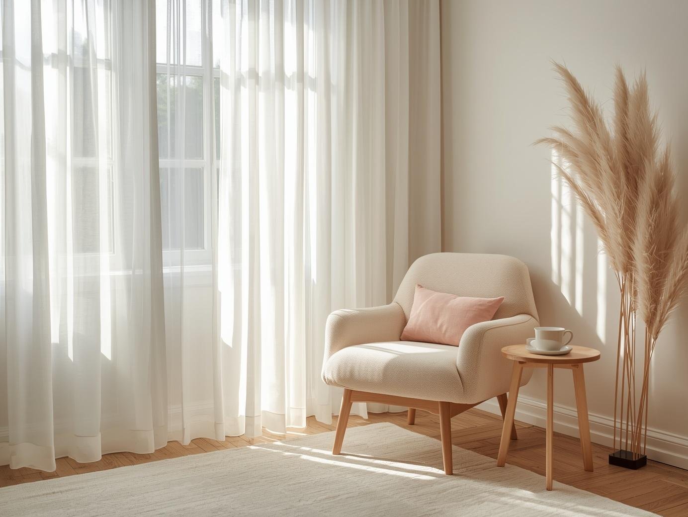 Chic therapy office corner with a single armchair, soft cream and blush tones, natural sunlight through sheer curtains, minimal styling, calm and grounded atmosphere, editorial interior photography, no people.jpg