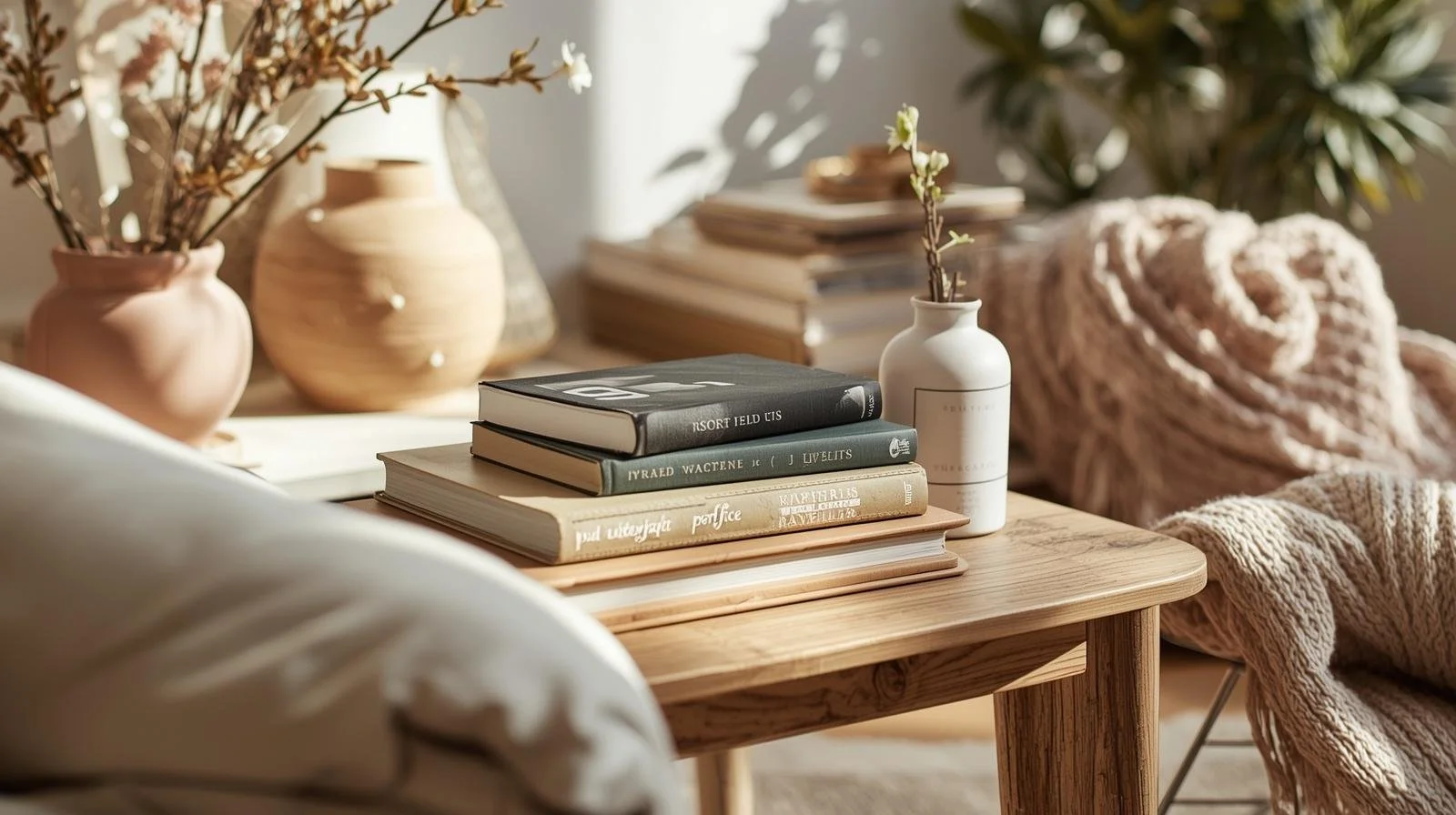 Close-up of therapy office details with books, ceramic decor, soft textiles, blush and sage tones, warm natural lighting, minimal and intentional styling, cozy and elevated, editorial interior photography, no people.jpg