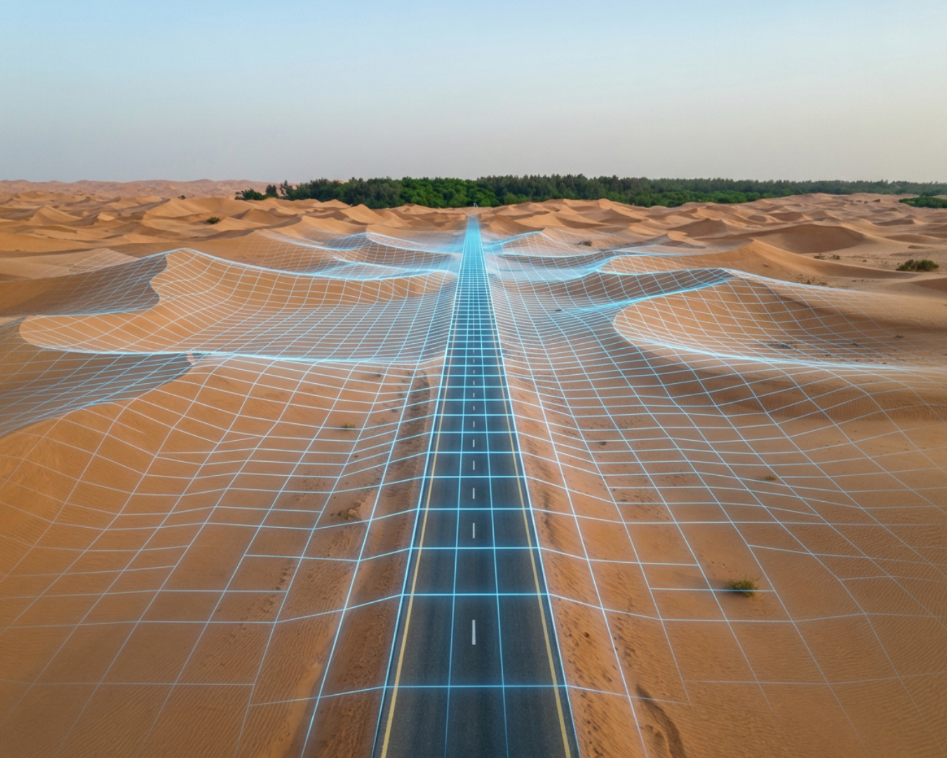 A strategic panoramic view of a straight paved road cutting directly through a desert landscape toward a distant oasis, featuring subtle glowing blue architectural grid lines symbolizing a structured and precise movement blueprint.