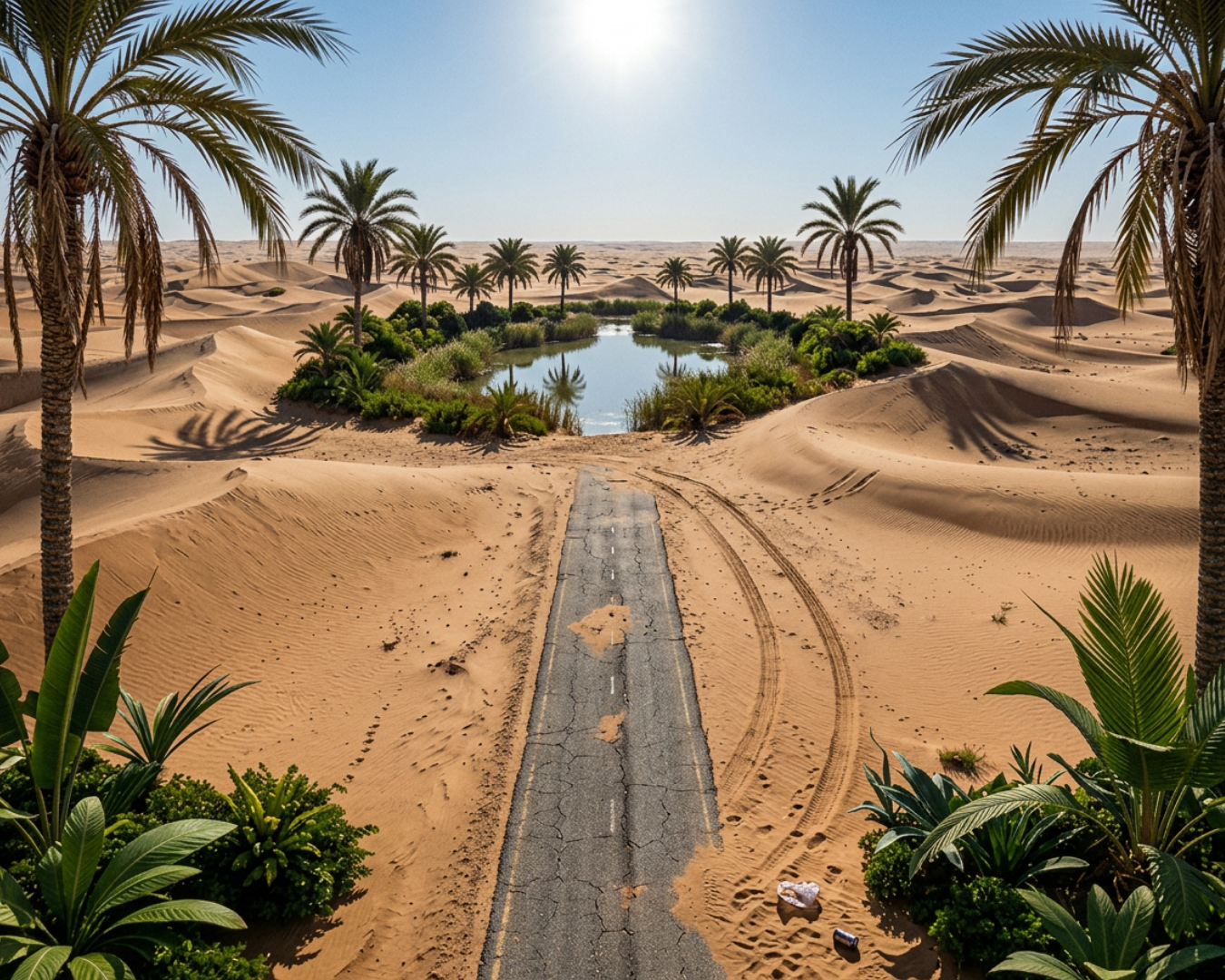 A dynamic close-up view where the desert road concludes and a lush, vibrant green oasis begins, framed by palm fronds and powerful golden light, symbolizing successful goal realization and optimal performance.