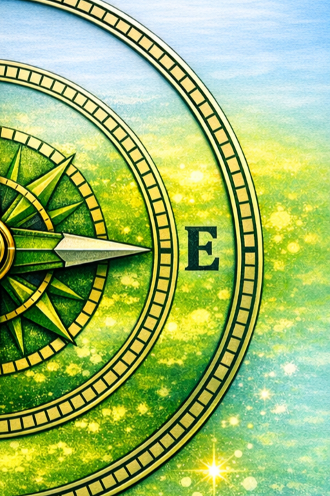 A colorful illustration of a compass with a green and yellow color scheme on a starry, glowing background.