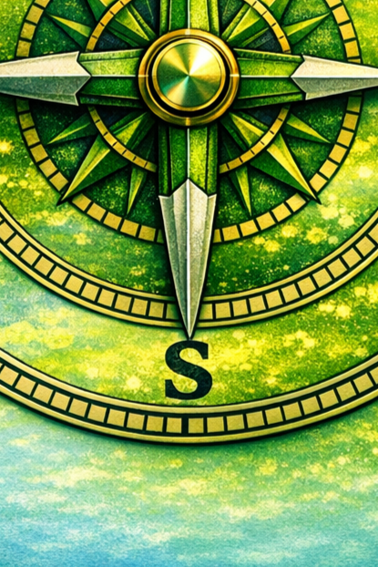Close-up of a colorful compass rose showing north and south directions, with a green and gold color scheme and a textured background.