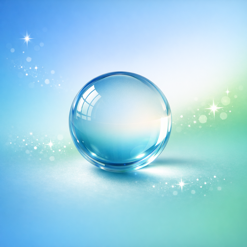 A clear glass sphere reflecting a window and blue sky, resting on a colorful background with light effects and sparkles.