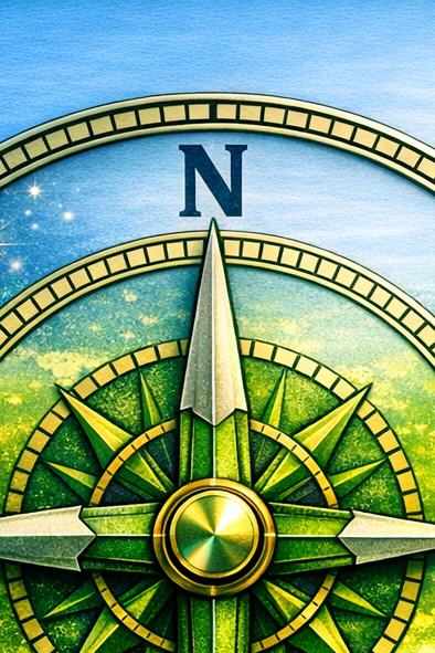 Close-up of a colorful compass showing north at the top with a blue sky background.