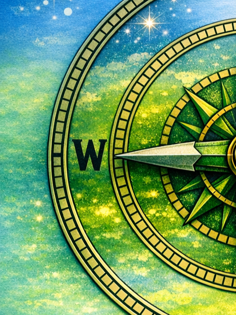 Close-up of a vintage-style compass rose with a Western 'W' indicator and a navigation needle pointing west on a green and blue starry background.
