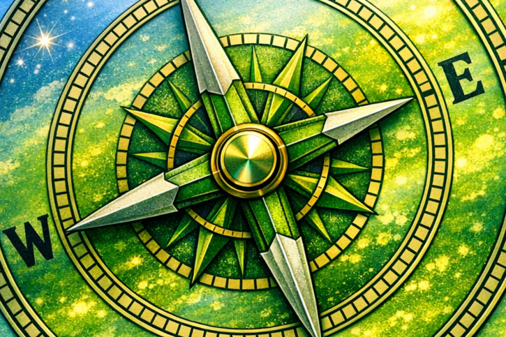 Close-up of a colorful, detailed compass rose with green and yellow accents and cardinal directions W and E visible.