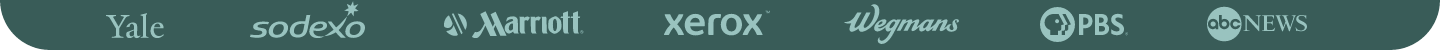 Logos of Yale, Sodexo, Marriott, Xerox, Wegmans, PBS, and ABC News arranged in a row on a green background.