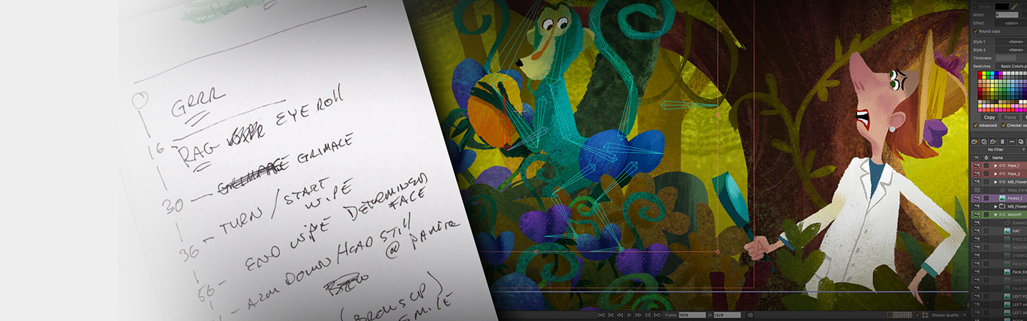 An animated character with brown hair, wearing a white lab coat, standing in front of a colorful, abstract background. There is a handwritten note with instructions on the left side of the image, and a digital art interface with color and layer options visible on the right side.