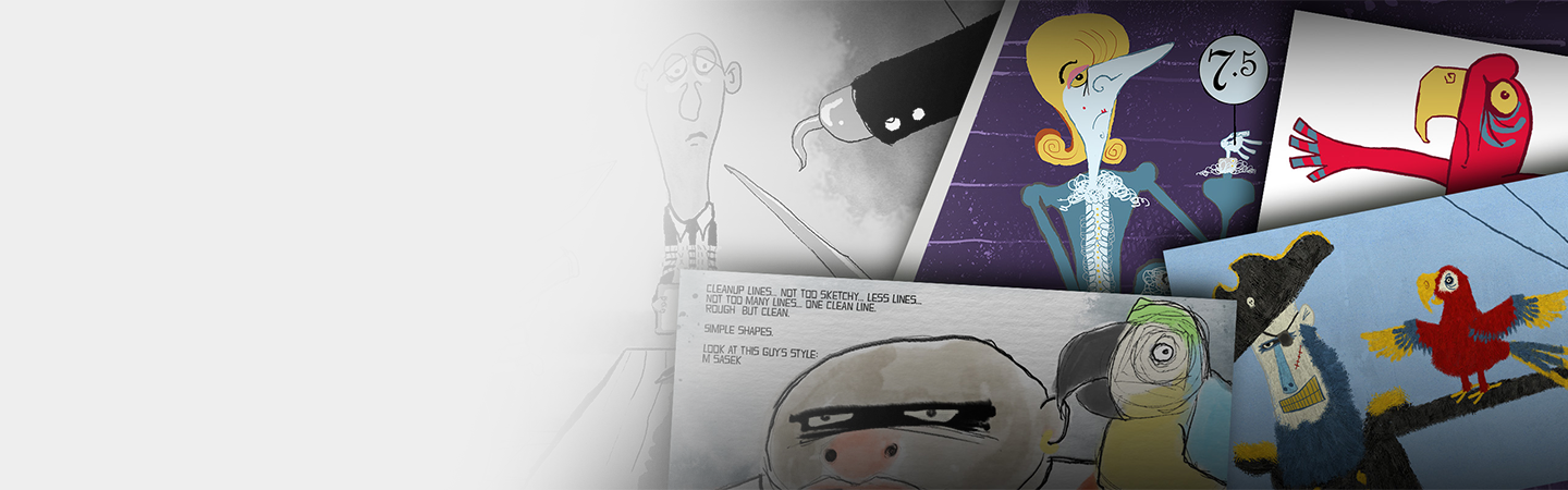 Collection of various artistic sketches and cartoon images, including a skeleton with a '7.5' label, a red bird with yellow wings, a pirate with a black hat, and colorful abstract characters on paper and digital screens.