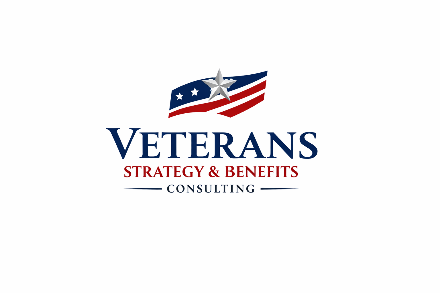 Logo with a stylized waving American flag, a silver star, and the words 'Veterans Strategy & Benefits Consulting' in red and blue text.
