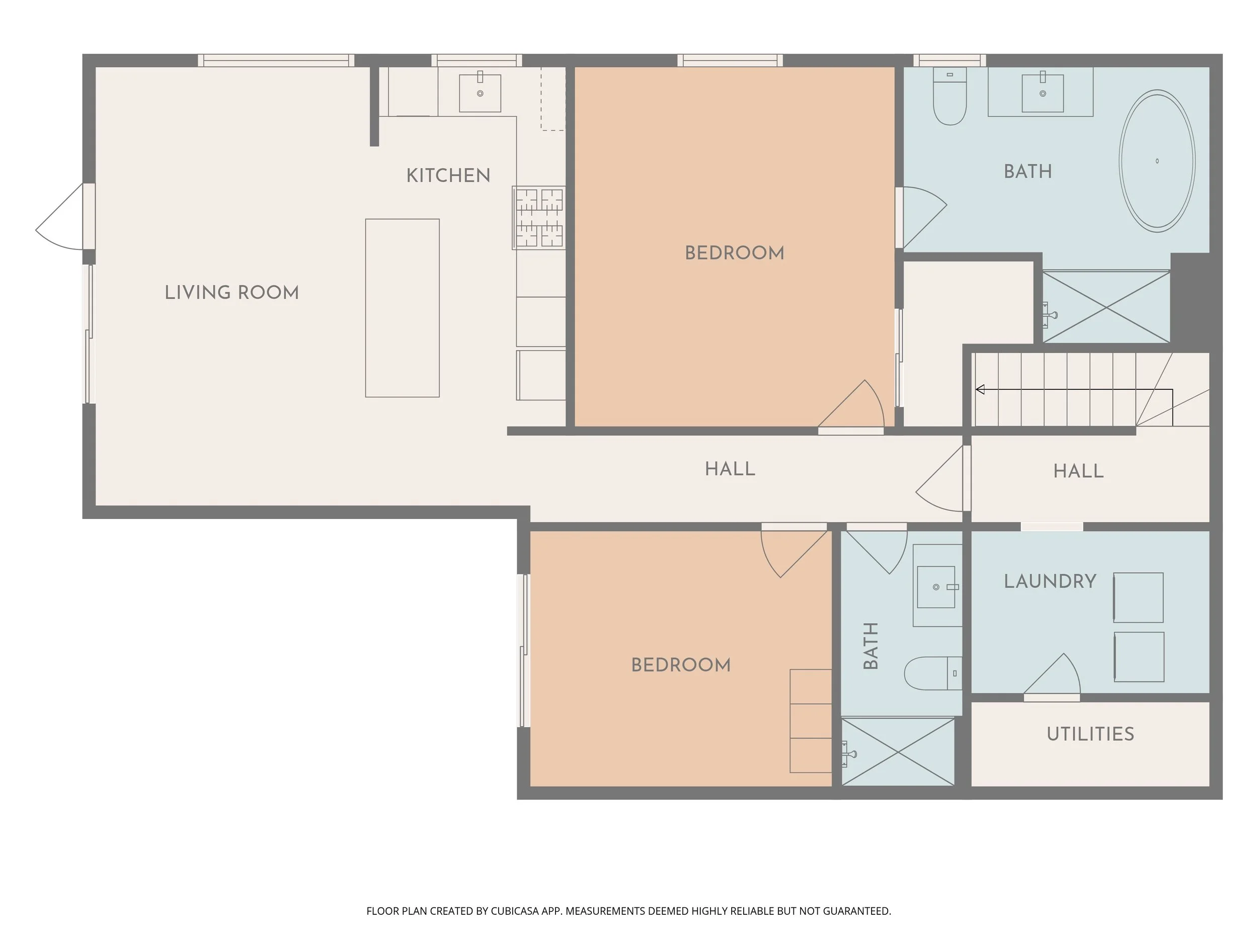 Floor plan of a house with labeled rooms including living room, kitchen, bedroom, hall, bath, laundry, and utilities, with color-coding for different areas.