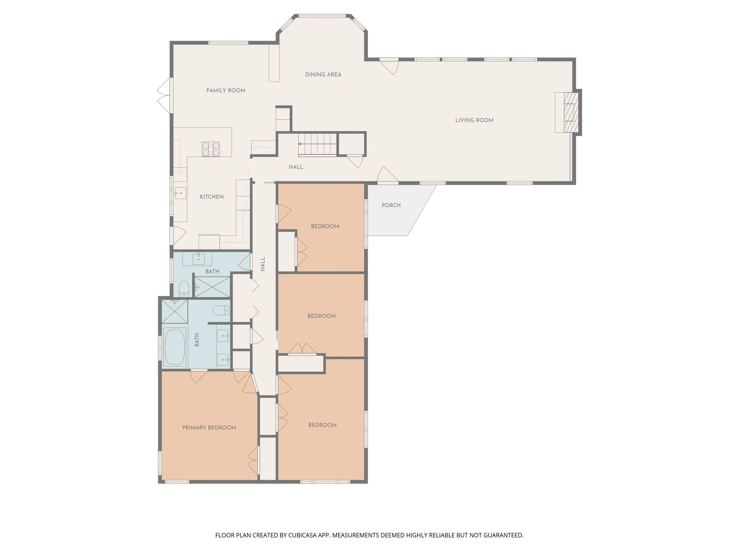 Floor plan of a house showing rooms such as family room, dining area, living room, kitchen, bedroom, and bathrooms.