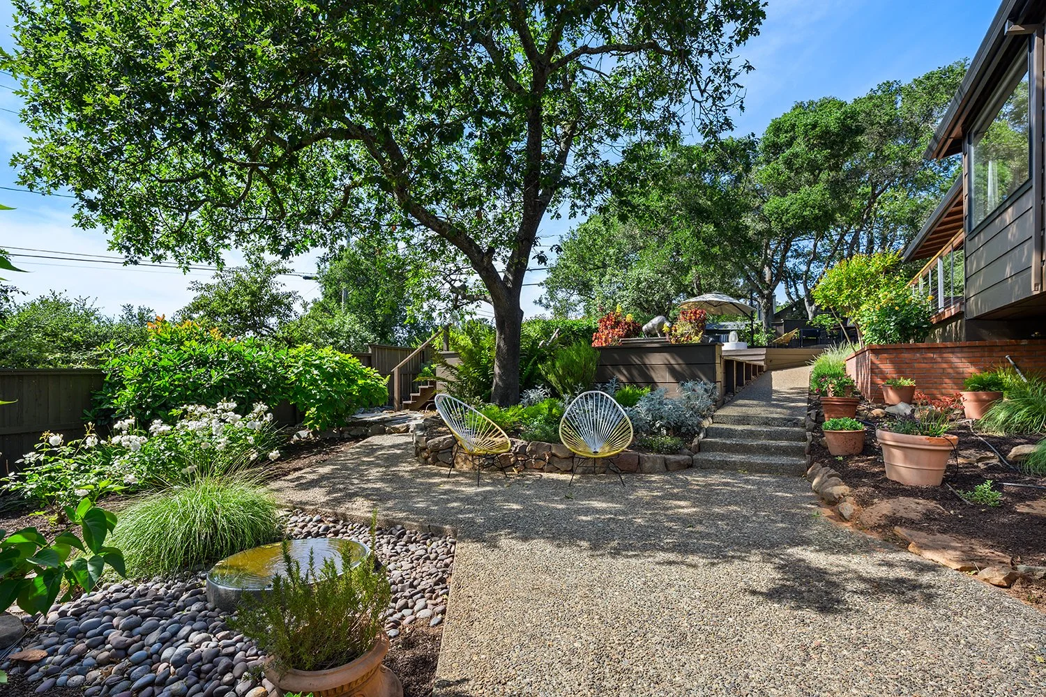 A landscaped backyard garden with a large tree, outdoor seating, and potted plants, under a bright blue sky.