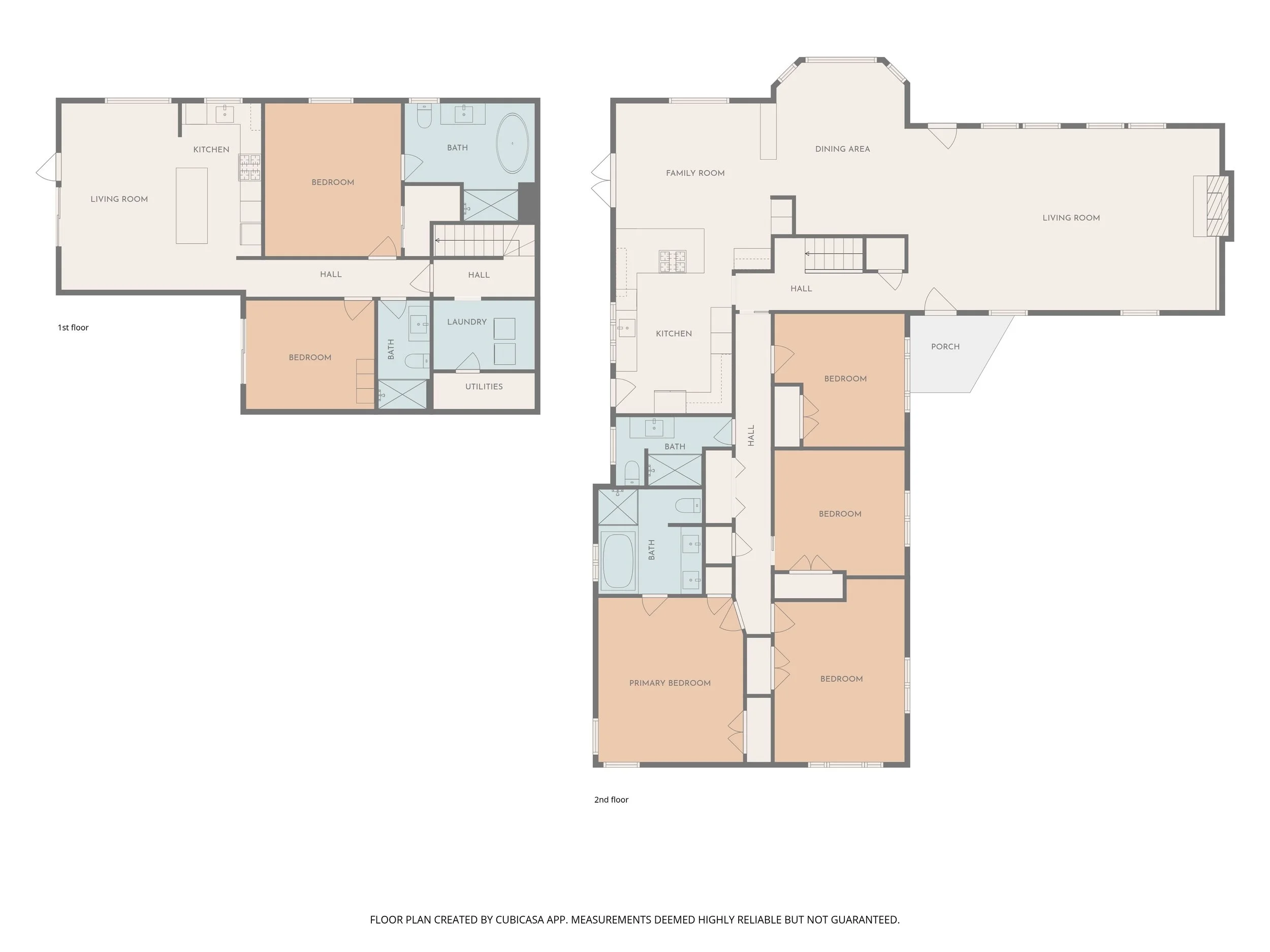 Two-story house floor plan with rooms labeled, including living rooms, kitchens, bedrooms, bathrooms, hallways, laundry, utilities, and porches, represented in a detailed architectural layout.