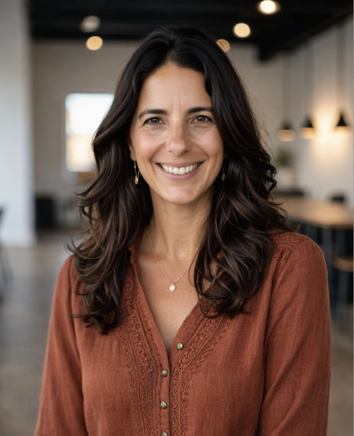 A woman with dark wavy hair smiling in a modern indoor setting