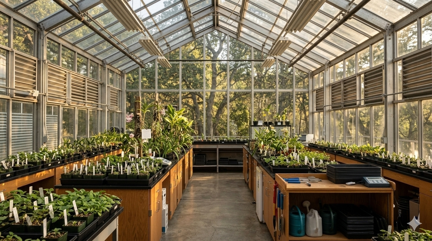 Interior of a large greenhouse research facility with rows of plants and seedlings on wooden benches under glass walls and ceiling