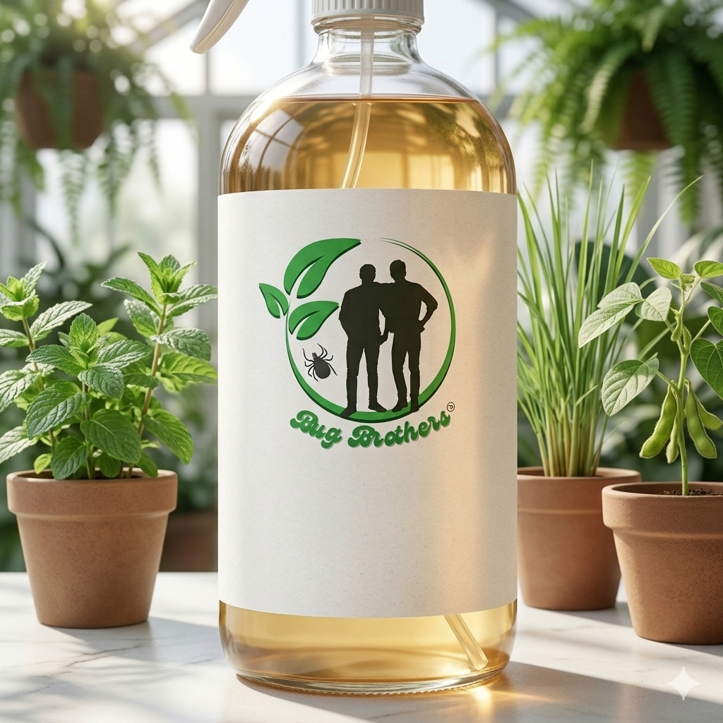 Bug Brothers LLC branded insecticide formulation bottle displayed alongside potted plants
