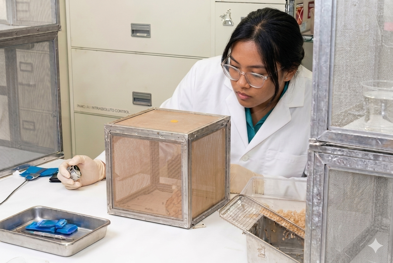 Entomologist in white lab coat and safety glasses examining an insect containment enclosure in a research laboratory