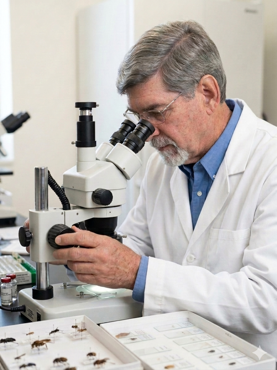 Scientist in white lab coat examining a specimen under a microscope in a professional research laboratory