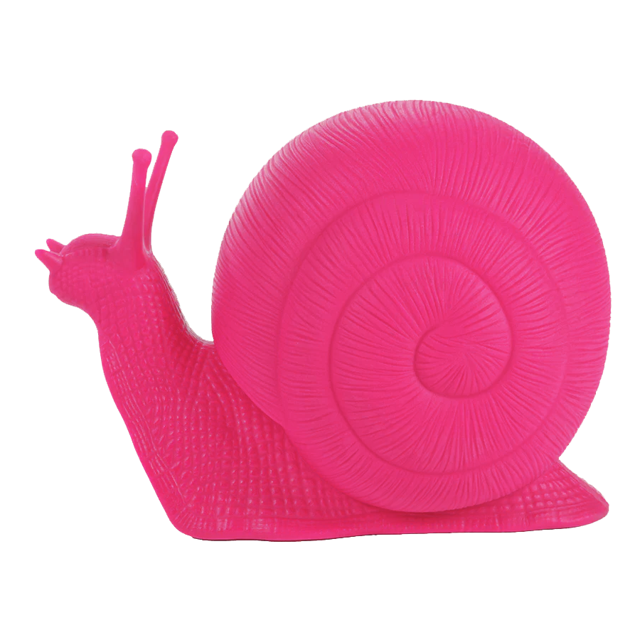 Pink snail-shaped ceramic or plastic decorative object with a detailed, textured shell.