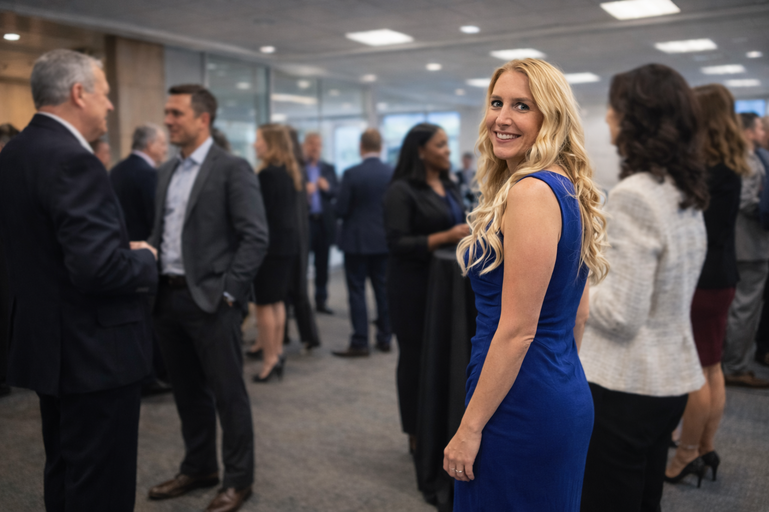 Copyright image: Christy smiling at the camera while attending a professional networking event with people engaged in conversations in the background.