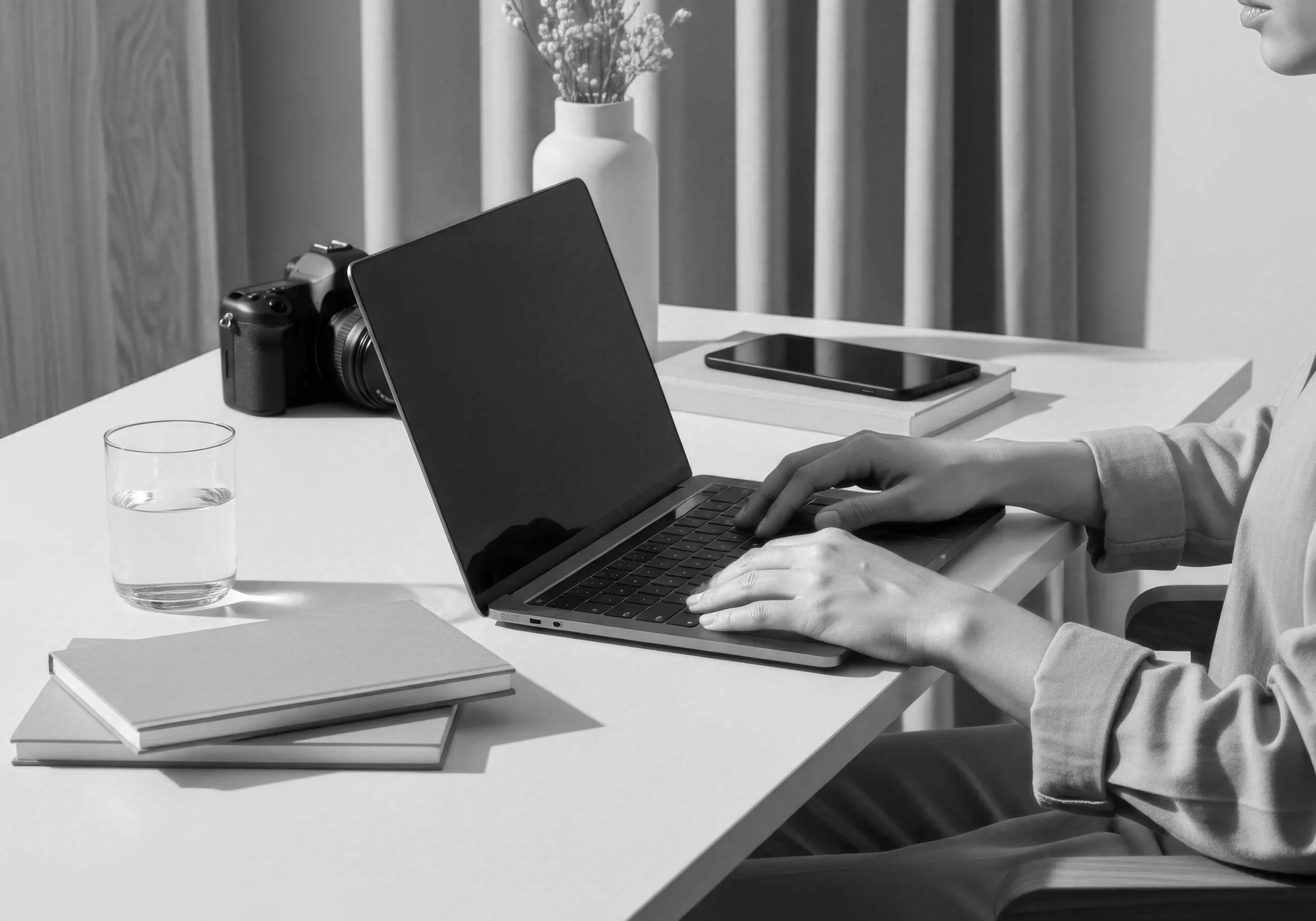 A person working on a laptop at a white desk with a camera, a glass of water, and stacked books. In the background, there is a white vase with flowers and curtains.