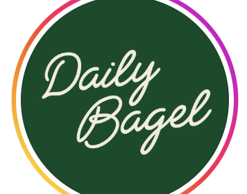 Logo for Daily Bagel with green background and colorful border.
