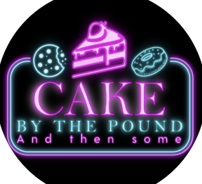 Neon sign with images of a cookie, cake, and donut above text that reads 'CAKE BY THE POUND And then some'