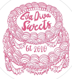 Pink decorative cake with the words 'Eva Diva Sweets' and 'est 2010' written on it.