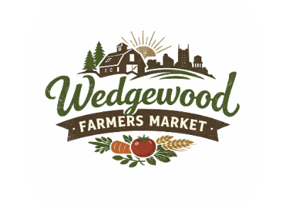 Logo for Wedgewood Farmers Market featuring a farmyard silhouette, trees, and a city skyline with rising sun, and an illustration of a tomato, carrots, and wheat at the bottom.
