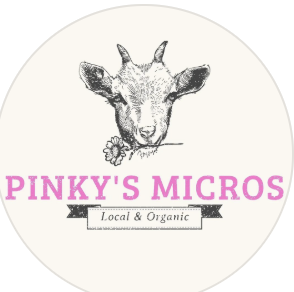 Logo featuring a giraffe with a flower in its mouth and the text 'PINKY'S MICROS' in pink, with 'Local & Organic' written on a black ribbon underneath.