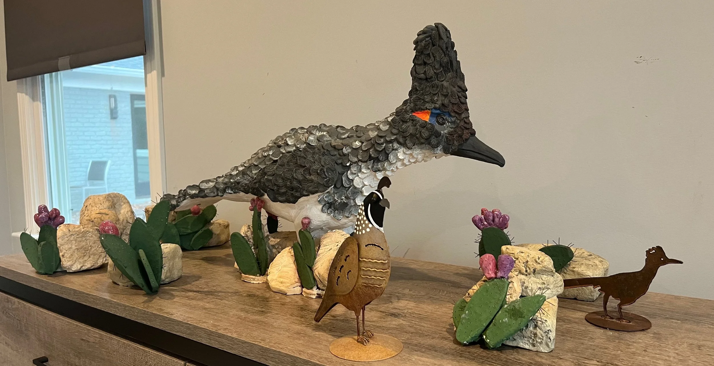 Roadrunner Ceramic Sculpture and Cactus Garden