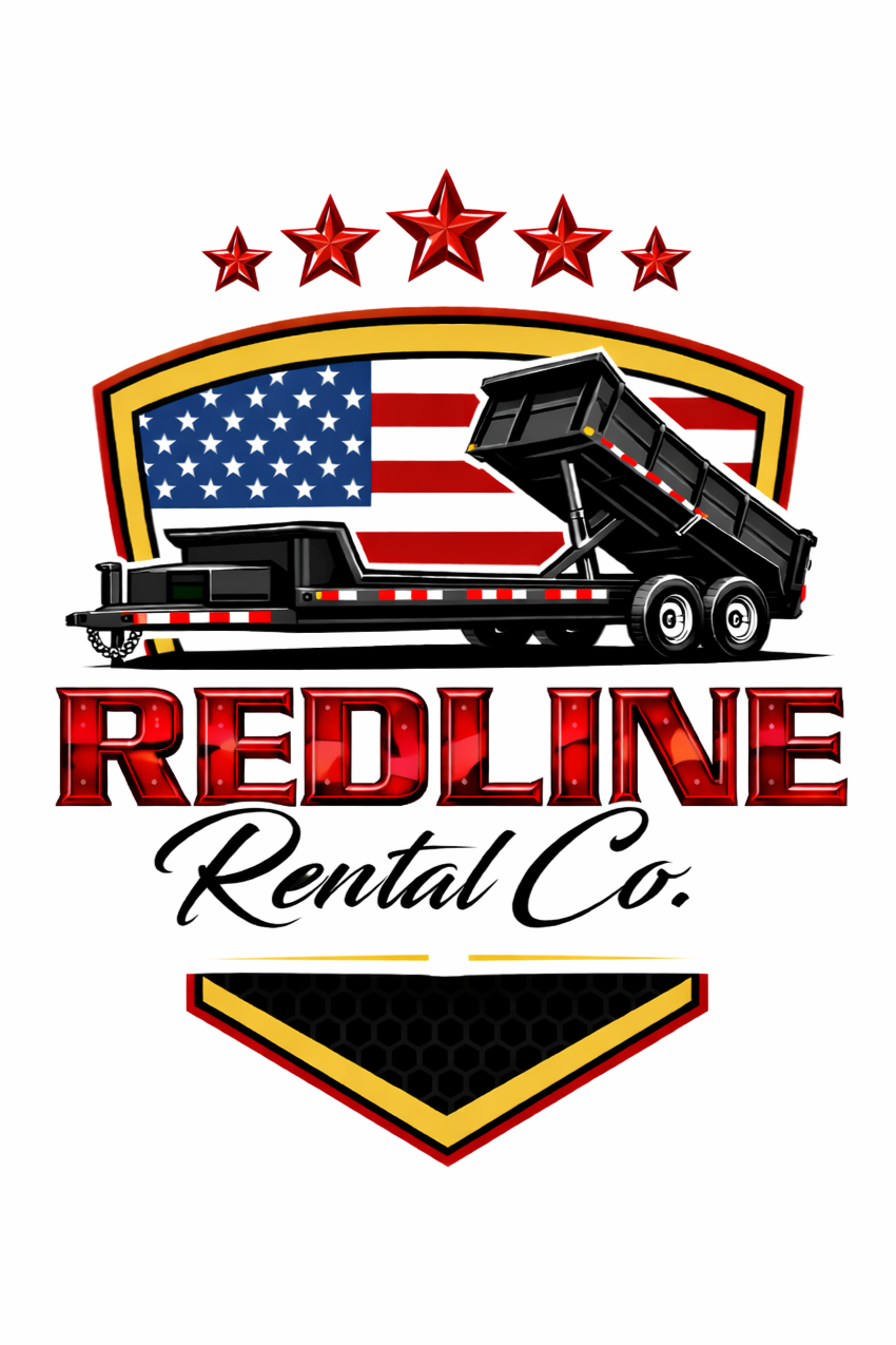 A logo for Redline Rental Co. featuring a black dump trailer, an American flag, and five red stars, with the company name in bold red and black text.
