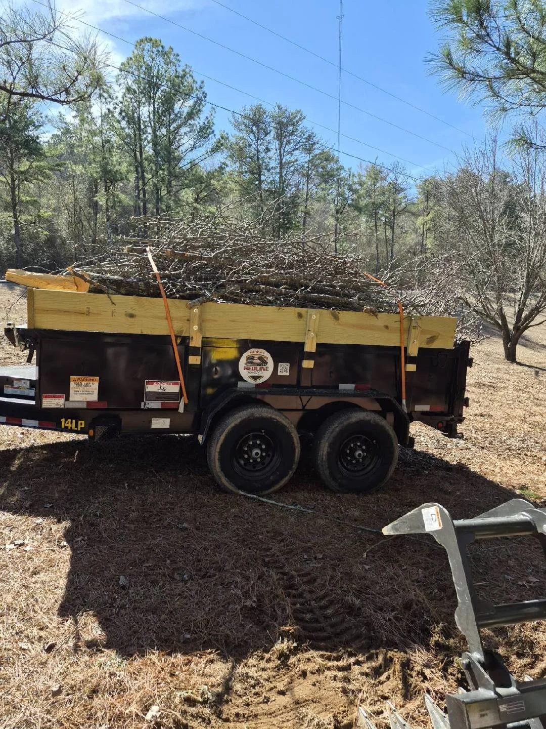 A black utility trailer filled with cut tree branches and logs, parked on a dirt area surrounded by trees and vegetation, under a clear blue sky.