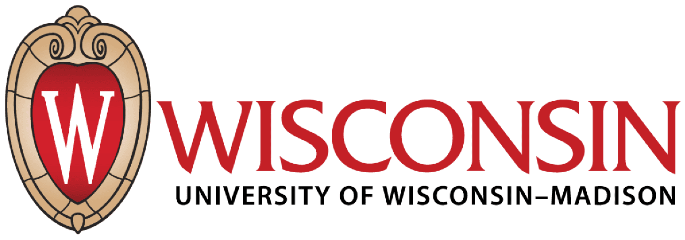 Horizontal University of Wisconsin–Madison logo, featuring a shield-like emblem with a 'W' at its center on the left, and the university name to the right.