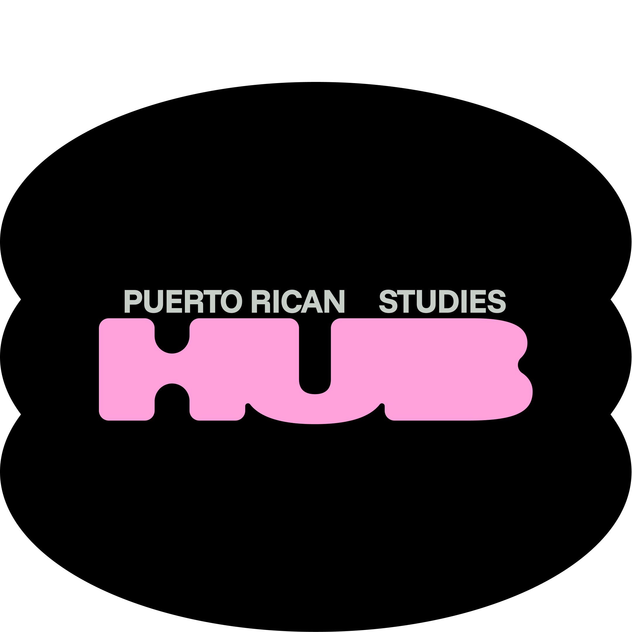 A scalloped black oval shape with the Puerto Rican Studies Hub log at its center.