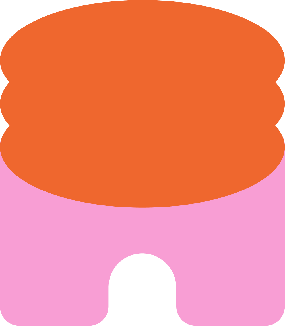 An orange oval shape with scalloped edges on top of a pink block-like shape.