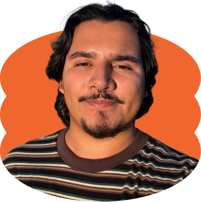 Daniel Vazquez Sanabria, a young man with dark wavy hair, a nose ring, and a goatee, smiling slightly, wearing a striped shirt, placed over a scalloped orange oval shape.