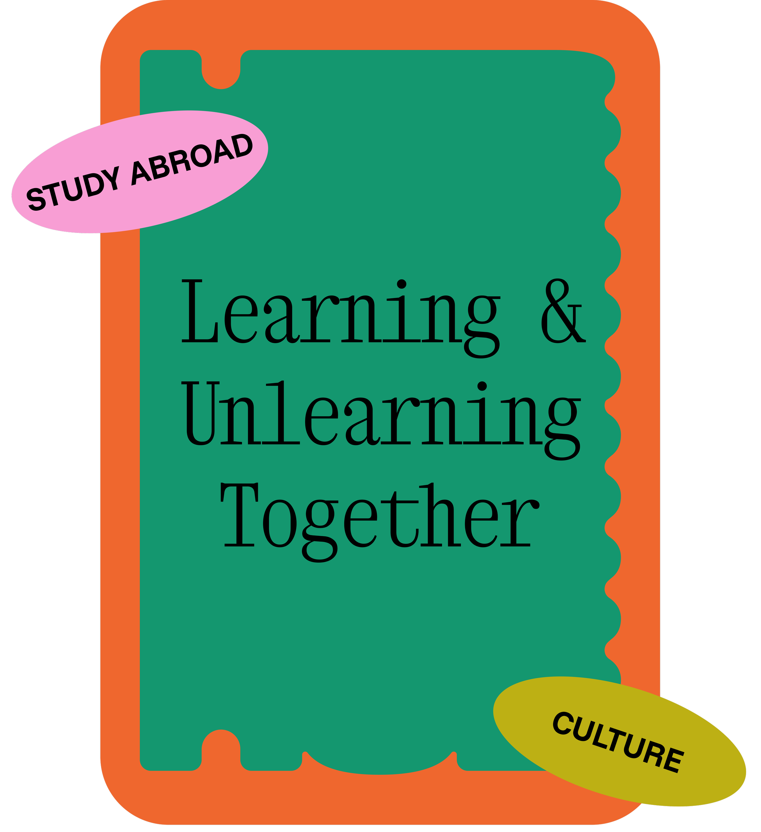 Poster with a green background and orange border, titled ‘Learning & Unlearning Together’, with a pink label on the top left saying ‘STUDY ABROAD‘ and a yellow label on the bottom right saying ‘CULTURE‘.