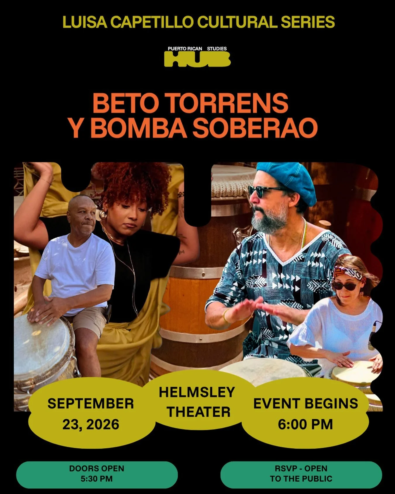 Event poster for 'Beto Torrens y Bomba Soberao,' featuring photos of musicians and dancers performing traditional bomba.
