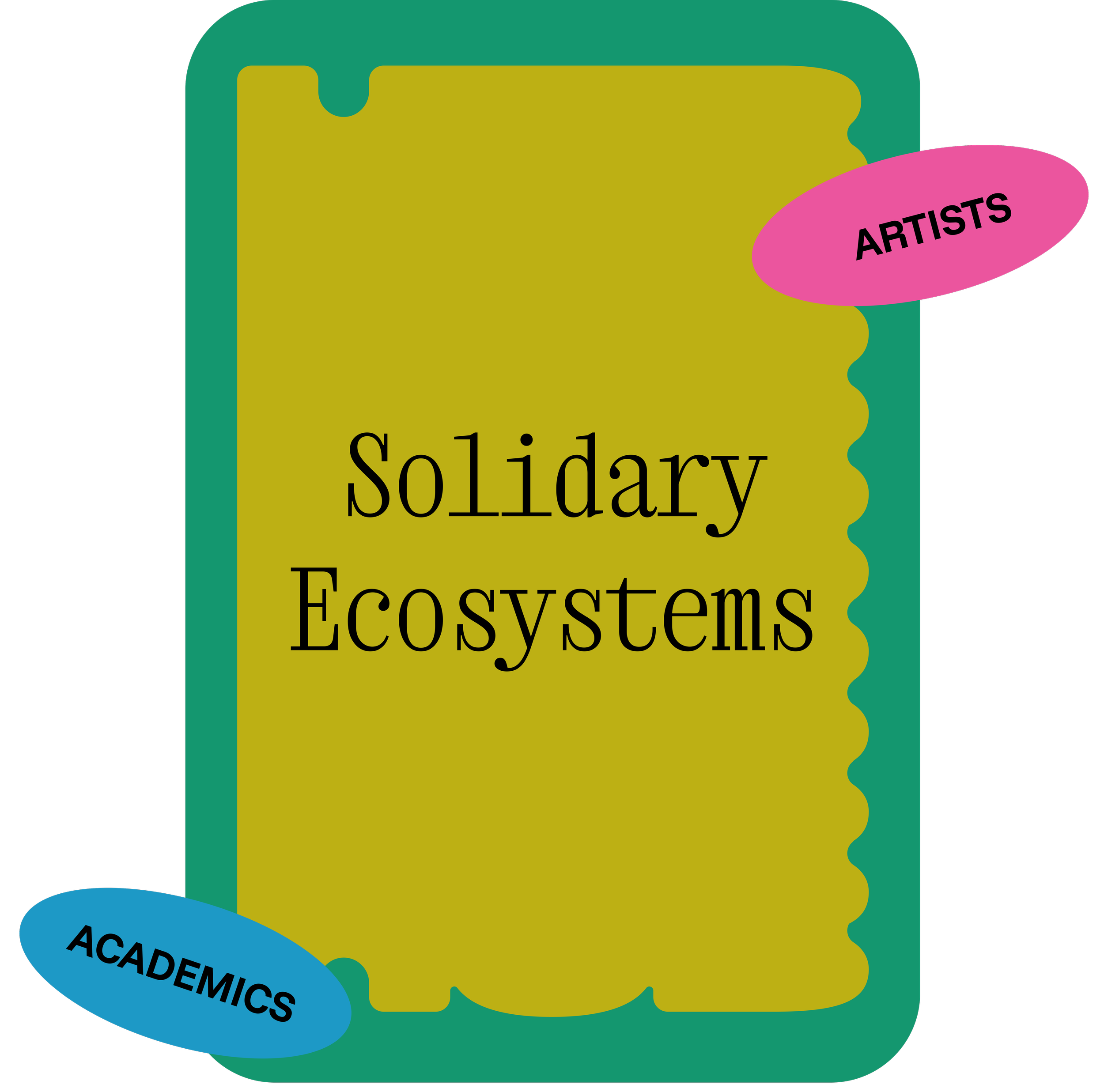 Poster with a yellow background and green border, titled 'Solidary Ecosystems’, with a pink label on the top right saying ‘ARTISTS‘ and a blue label on the bottom left saying ‘ACADEMICS‘.