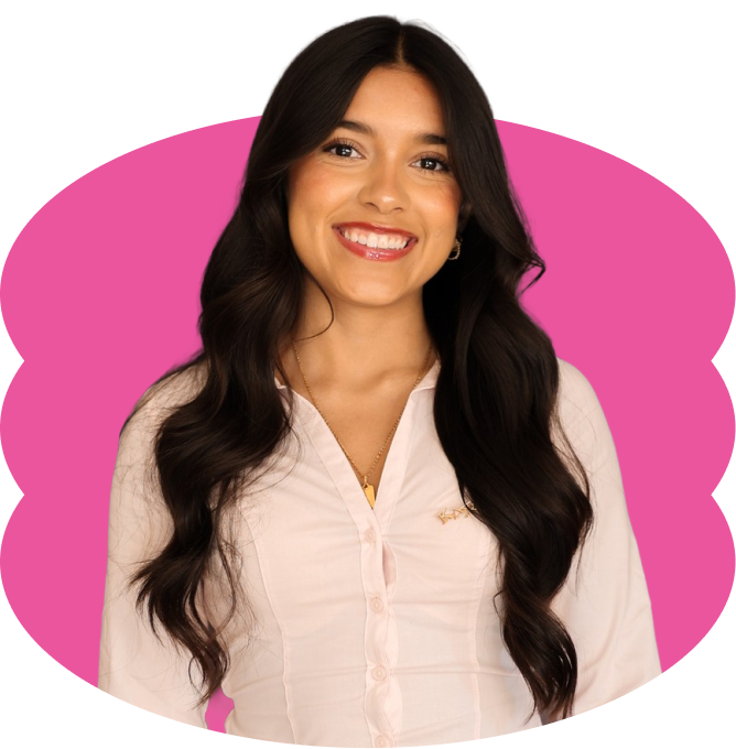 Gladys Cruz-Perez, a woman with long dark hair smiling, wearing a light pink blouse, placed over a scalloped hot pink oval shape.