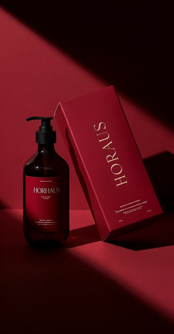 A dark amber bottle with a pump dispenser and a red box with gold lettering reading 'HORHAUS' on a red and black background.