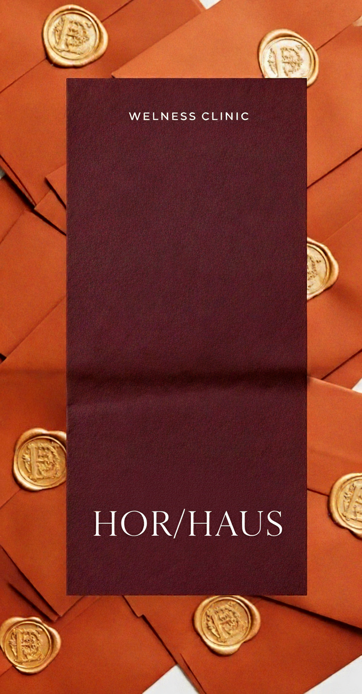 A brochure or menu from a wellness clinic named HOR/HAUS, placed on top of multiple stacked orange envelopes sealed with gold wax stamps.